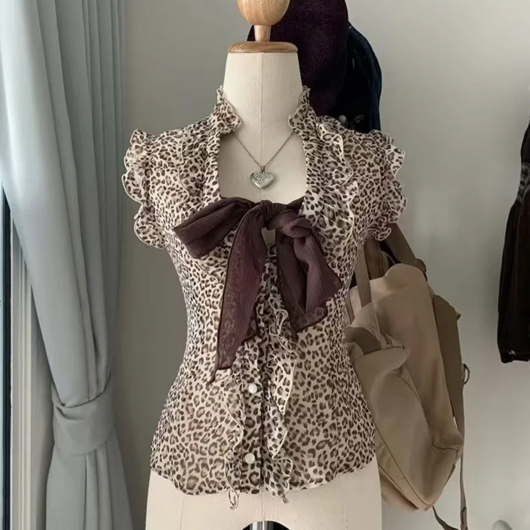 

2026 New Summer Vintage Leopard Print Bow Cute Crop Shirt For Women Fashionable Slim Fit Outerwear Tops Y2K Streetwear Blouse