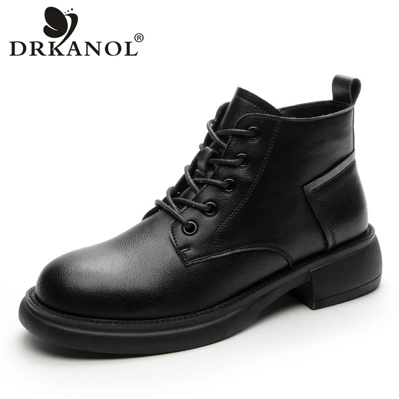 

DRKANOL осенне-зимние Плюшевые Теплые ботильоны для снежной погоды для женщин с круглым носком из натуральной воловьей кожи на плоской подошве женские повседневные короткие ботинки