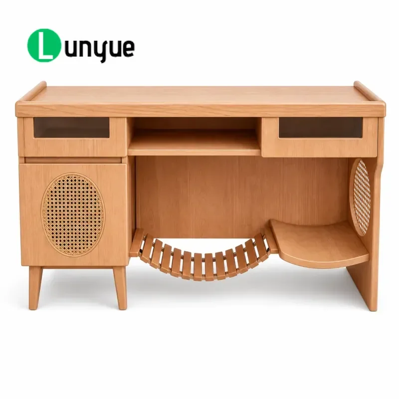 Ash Wood TV Cabinet with Rattan Doors Cat Hammock Double Drawer Media Console Stable Design for Elderly Pet Living Room