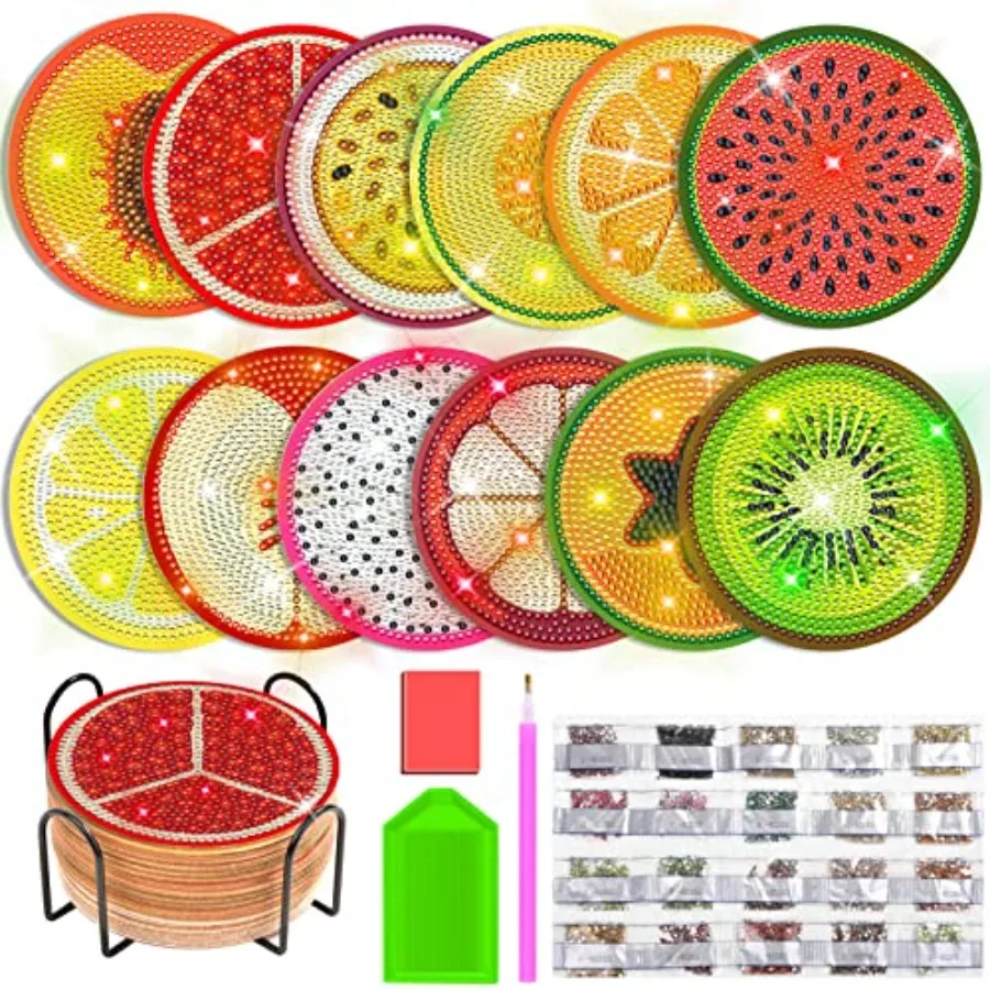 

12 Pieces Diamond Art Painting Coasters Kit with Holder, Diamond Art Coasters, DIY Diamond Crafts Projects, Diamond Dot Kits fo