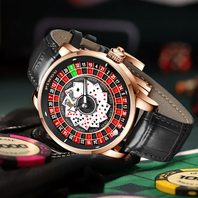 PINDU Design New Mechanical Watch NH35 Rotating Dial Las Vegas Roulette Desktop Theme Automatic Watch Men Texas Hold'em dial