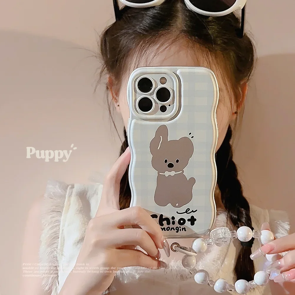 Korean Style Blue Checkered Puppy Phone Case for IPhone16 15 14 12 13 11 Pro ProMax Plus X XR Shockproof Phone Cover