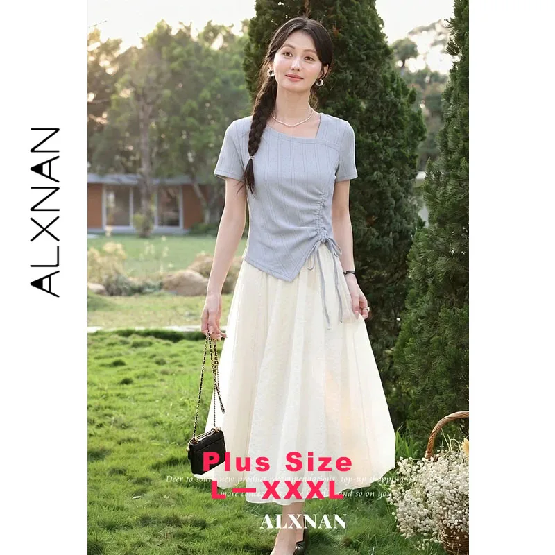 ALXNAN Plus Size Blue T-shirt Asymmetrical Neck Short Sleeve Tees Cotton 100% Side Drawstring Ruched Summer Women's Tops D65759A