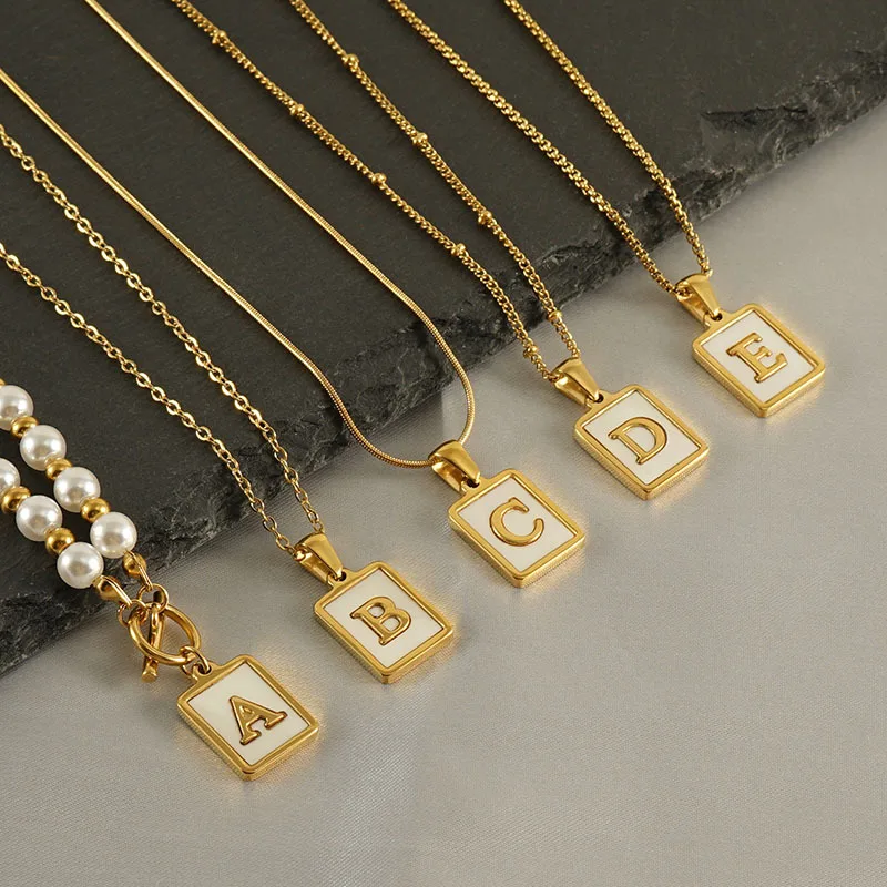 Stainless Steel 18K Gold Plated 26 A-Z Initials Square White Shell Base Pendant for Women Name Necklace