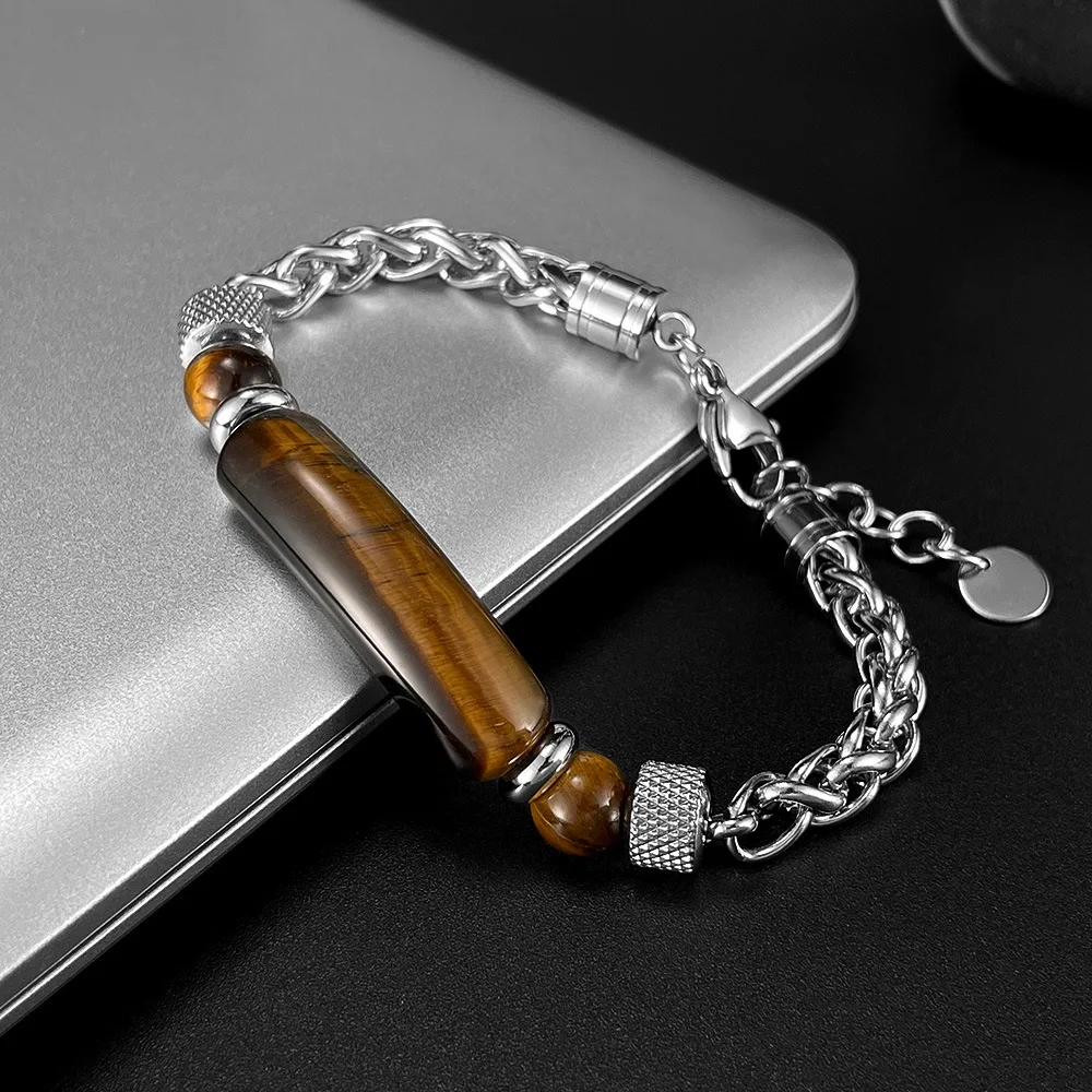 2 Colors Stainless Steel Cuban Chain Bracelet Men Adjustable Unfading Tiger Eyes Obsidian Stone Braslet Cool Riding Accessories