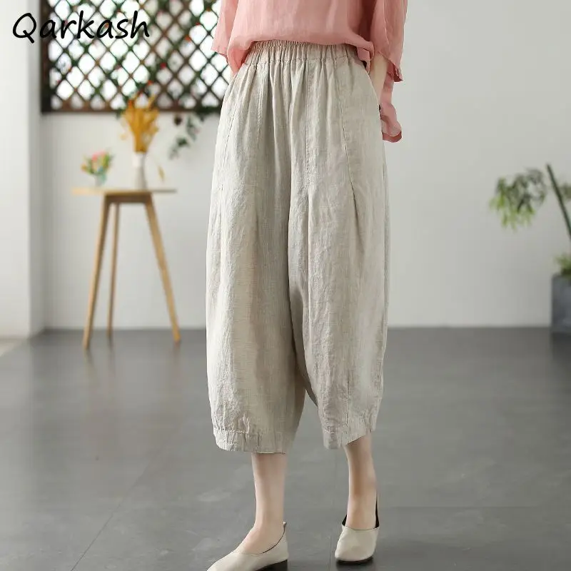 

Bloomers Pants Women Loose Vintage Folds Literary Harajuku Calf-length Casual Elastic Waist Temper All-match Chic Japanese Style