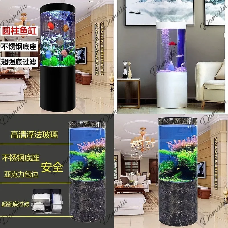EW Cylindrical Glass Fish Tank Large Floor Standing Aquarium Bottom Filter No Water Change Living Room Custom U