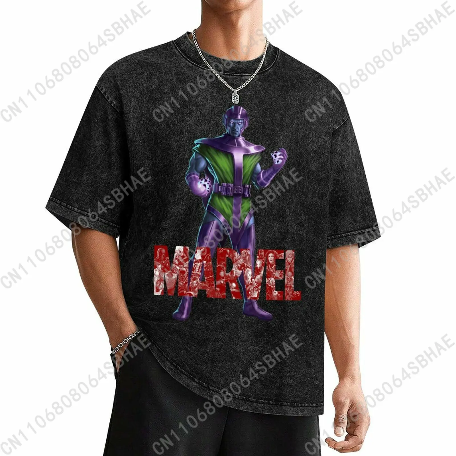

Мужская винтажная футболка Marvel Kang с эффектом потертости, ретро-футболка с коротким рукавом, персонализированная хлопковая рубашка для косплея