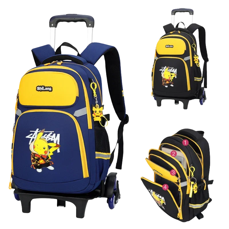 MINISO Pokemon Cartoon Trolley Schoolbag Boys Trolley Backpack Large Capacity Pullable and Backpack Climbing Two/six Wheels