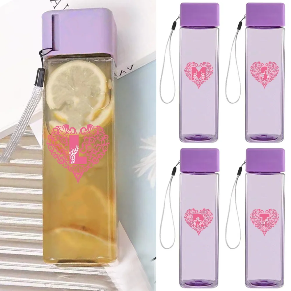 

Korean Style Square Transparent Water Bottle Portable Plastic Drink Cup With Lanyard For Students Office Love Letter Pattern