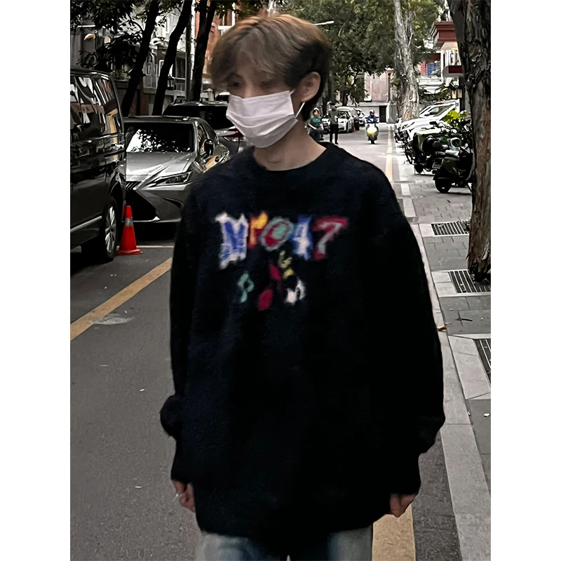 

Мужской вязаный свитер свободного кроя с круглым вырезом, вышивкой букв, в стиле хип-хоп, американский ленивый стиль, зимняя мода