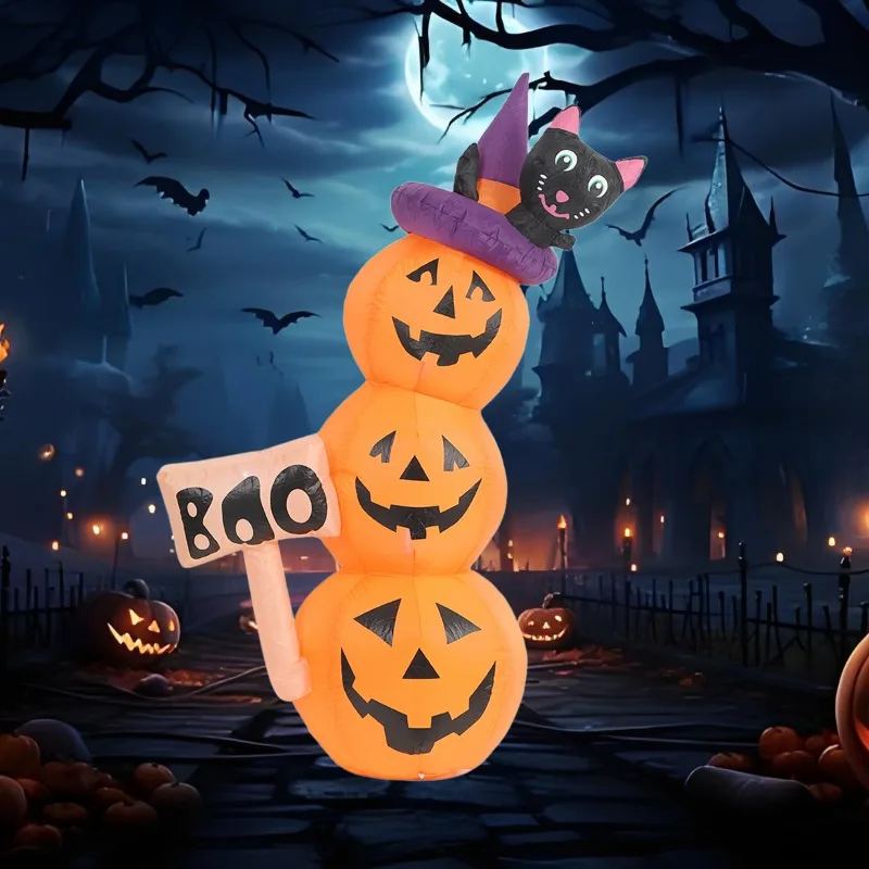 1.6M/5.2FT Giocattoli gonfiabili di Halloween Torre di zucca con decorazioni per gatti Modello gonfiabile per interni ed esterni per feste con luci a LED
