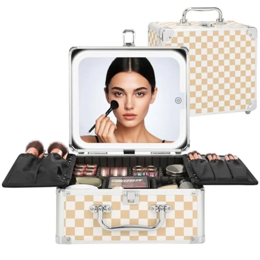 

Косметичка с LED-зеркалом для путешествий, маленькая клетчатая сумка для косметики с подсветкой и регулируемыми разделителями, органайзер для хранения
