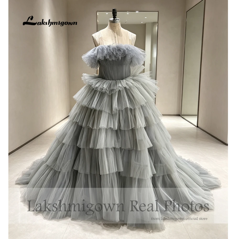 Lakshmigown Graues Mehrschichtiges Ballkleid aus Mesh-Stoff, Hochzeitskleider, trägerlos, ärmellos, Abendkleider, maßgeschneidert – Detail 5