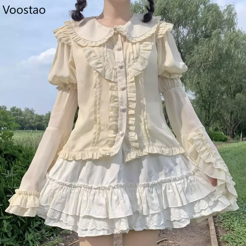 Vintage Victorian Kawaii Lolita Shirts Women Gothic Ruffles Peter Pan Collar Removable Sleeve Blouses Girls Y2k Cute Sweet Tops