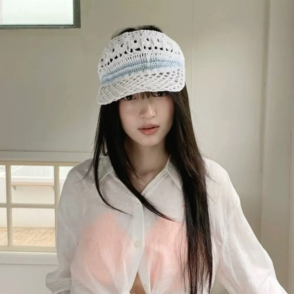 Повседневная солнцезащитная кремовая вязаная крючком пустая верхняя кепка солнцезащитный козырек мягкая шляпа с вырезом козырьком складная вязаная шапка на шнурке с высоким хвостом