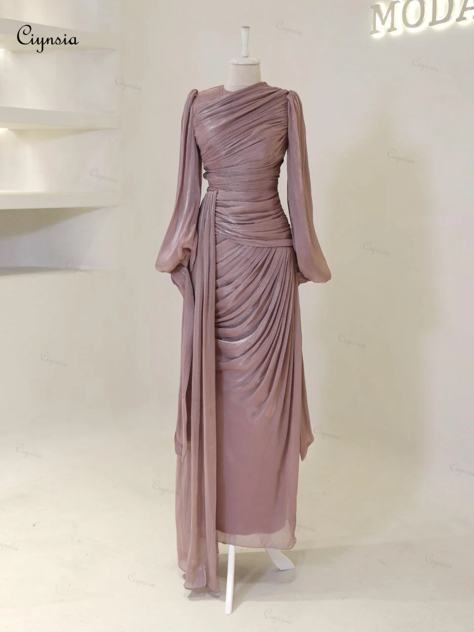 Ciynsia-Robe de soirée personnalisée pour femme, manches longues, gaine plissée, robe formelle élégante, nouveau, 2025