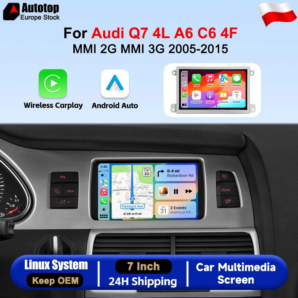 AUTOTOP: sistema inalámbrico CarPlay y Android Auto, radio para automóvil con pantalla táctil multimedia de 7 pulgadas y sistema Linux, compatible con Audi A6 C6 4F, Q7 4L, modelos 2005-2015, con MMI 2G, MMI3G, Airplay, Autolink, Mirror Link, Wifi, Bluetooth y GPS.
