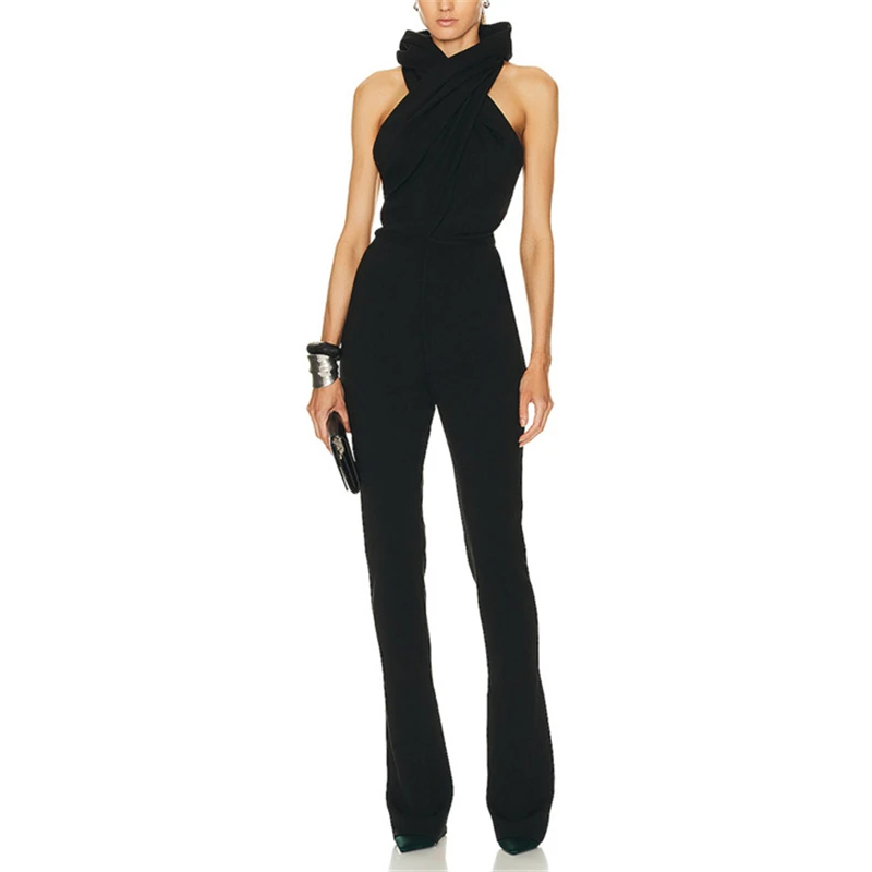 Women's Black Backless Hooded Jumpsuit, Sexy Fashion, Slip Pocket Design, Stretch Slim Fit Trousers, New, Winter, Y2K, 2023