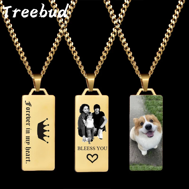 Treebud Rectangle Necklace Engrave Color Photo Stainless Steel Custom Name Chain Pendant For Women Jewelry Party Mom Father Gift