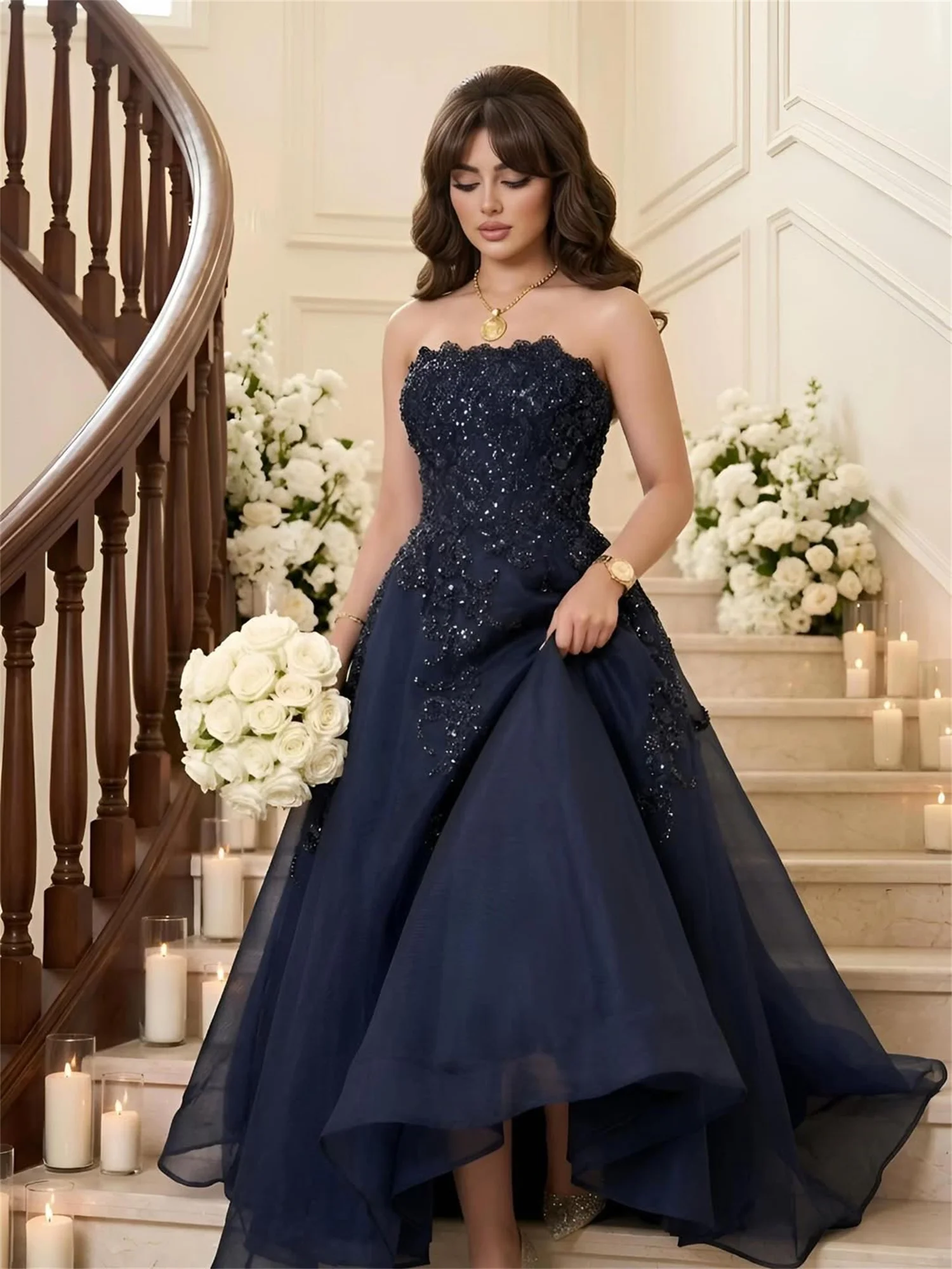 EDECPBM Beading Prom Dress Women Sexy American Style Navy Tulle Customized 2026 Women's Formal Evening Gowns New Collection