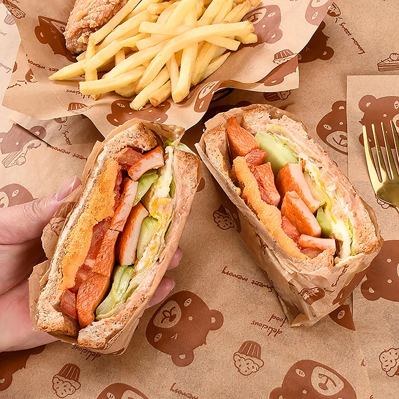 Papel de embalaje desechable con revestimiento de dibujos animados para sándwich, rollo de pollo a prueba de aceite para el hogar, herramienta de cocina para hornear, 50 piezas