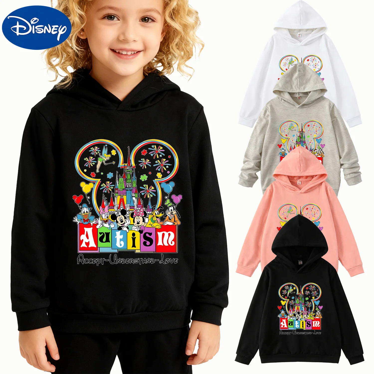 

Детская толстовка с капюшоном для мальчиков и девочек, черный повседневный пуловер с рисунком «Дисней Аутизм», замок Микки-пазл