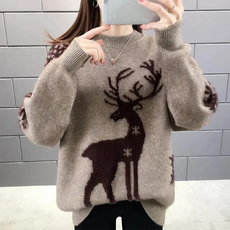 Elk Loose Knitted Sweaters for Christmas, New Year Women Autumn Winter Warm Pullover Top Crew Neck Elastic Thick Women's Coat