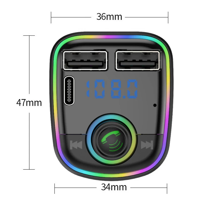 شاحن USB من النوع C ، شحن سريع ، بلوتوث سيارة ، مشغل MP3 ، ضوء جو ملون ، مشغل FM ، شاحنة أتوماتيكية ، PD