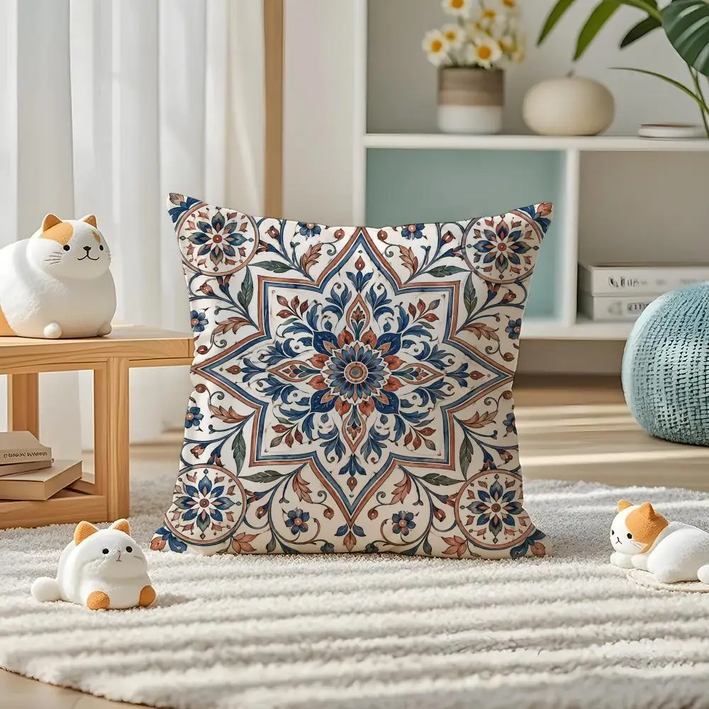 Mediterranean Tile Art Cushion Cover Pillow Case Plush Fabric Soft Double Sided Print Home Sofa High Quality Cushion