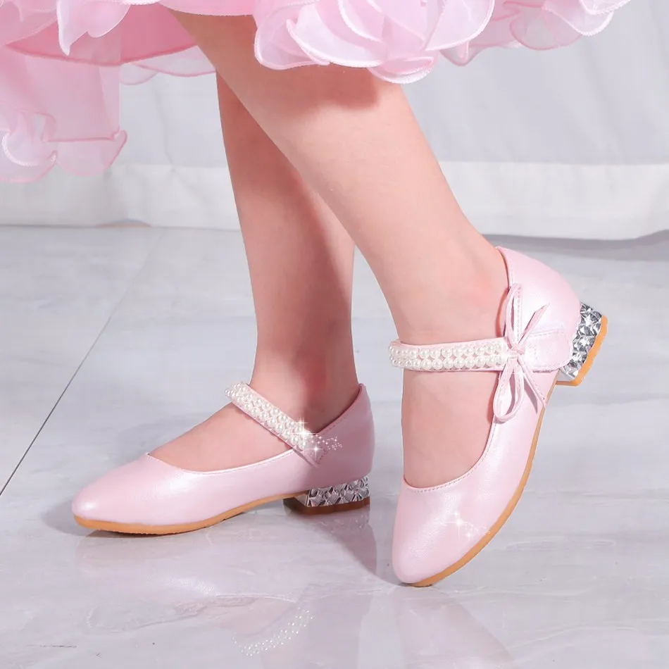 Girls Aurora Shoes Children Summer School Glitter Ballerina Flats Kids Princess Wedding Leather Pumps Birthday Pearl Sandals