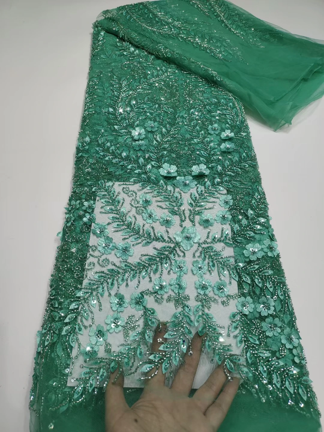 Green High Quality French Lace Fabric 8H-42001 Embroidered African Net Mesh with Sequins and Plenty Beads For Lady Party Dress