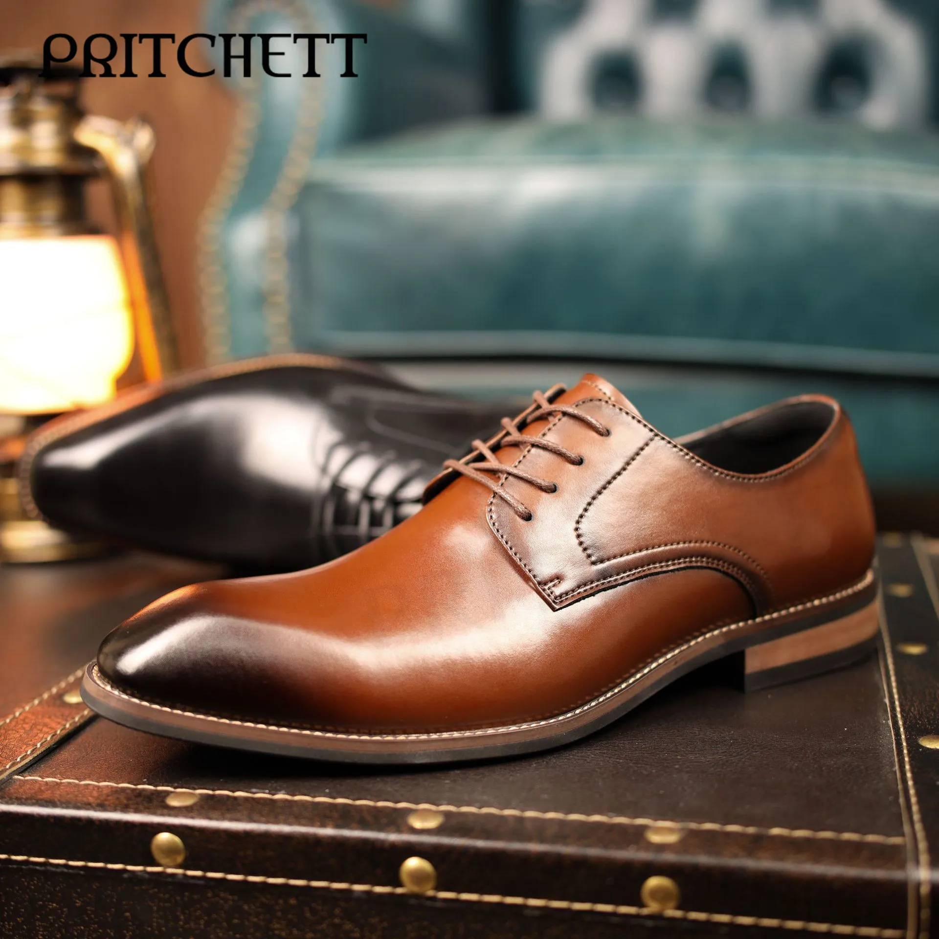 Retro Casual Versatile Derby Shoes Genuine Leather Business Square Toe Men's Leather Shoes Commuting Formal Leather Shoes