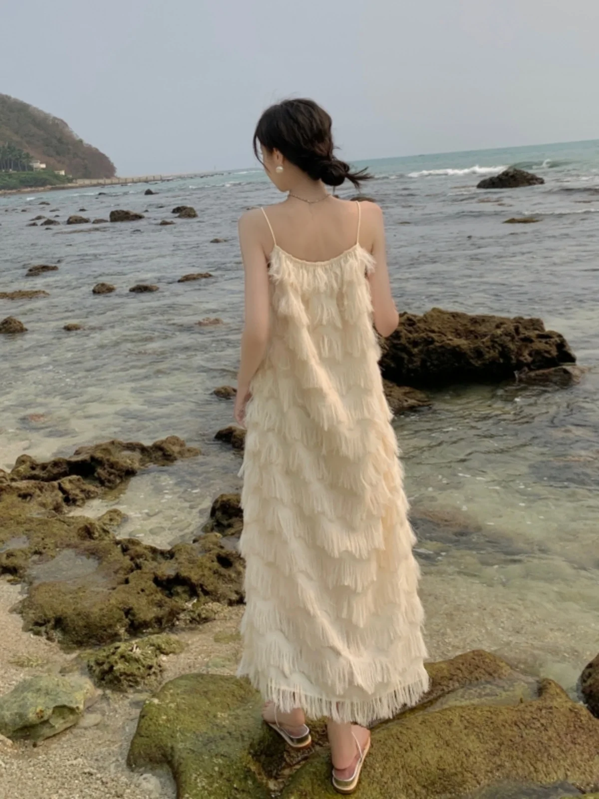 n الأبيض Strapl Dr المرأة الصيف شرابة الشاطئ Vaion تنورة طويلة H-ape لون نقي Svel واحد أولدر Dr