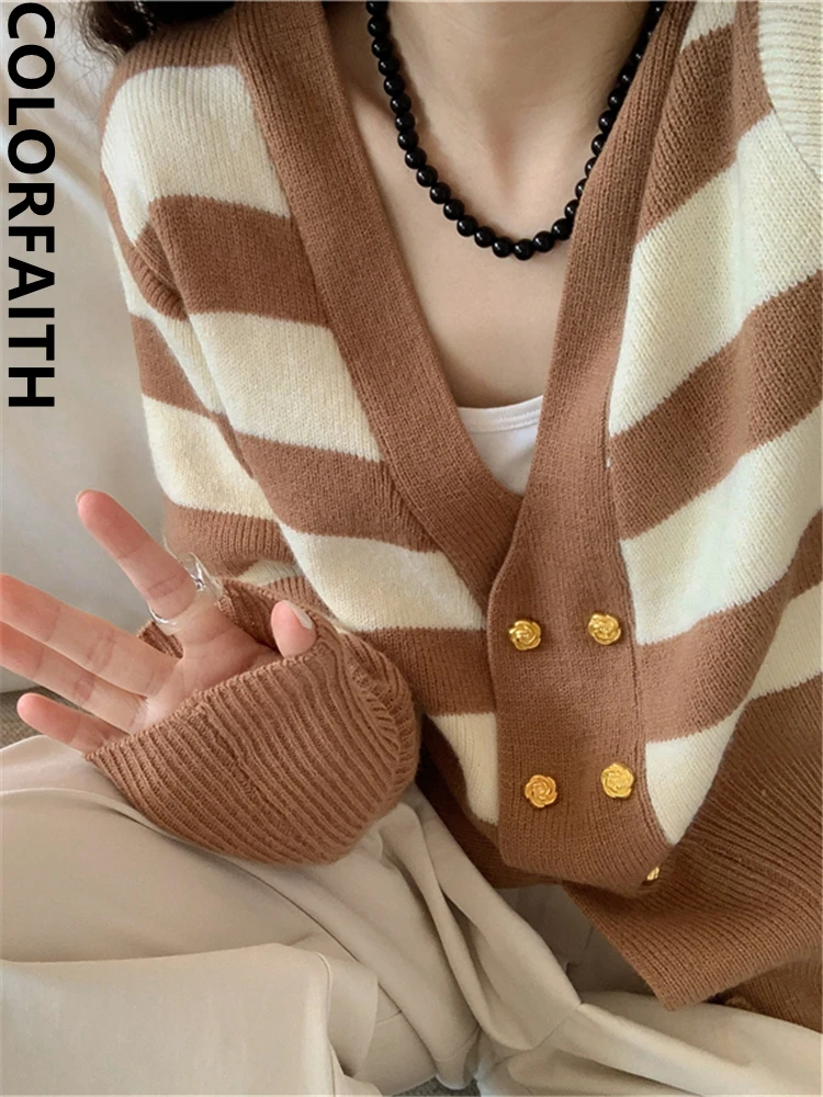 Colorfaith SWC5432JX New 2023 Striped Chic Wild Buttons Korean Fashion Knitting Cardigans Women Autumn Winter Elegant Lady Tops