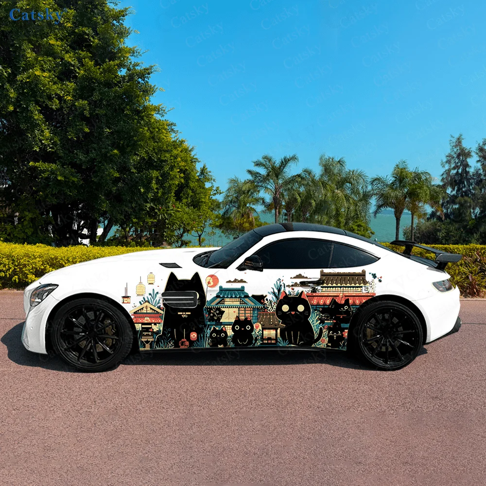 Cats Ancient Buildings Car Vinyl Wraps Decal Self-adhesive PVC Sticker Suitable for Trucks SUV Decoration Auto Accessories Gift