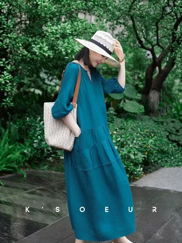 

Loose Women's Dress Korean Japanese High Waist V-Neck Long Sleeve A-Line Skirt Breathable Comfortable Fashionable plus Size