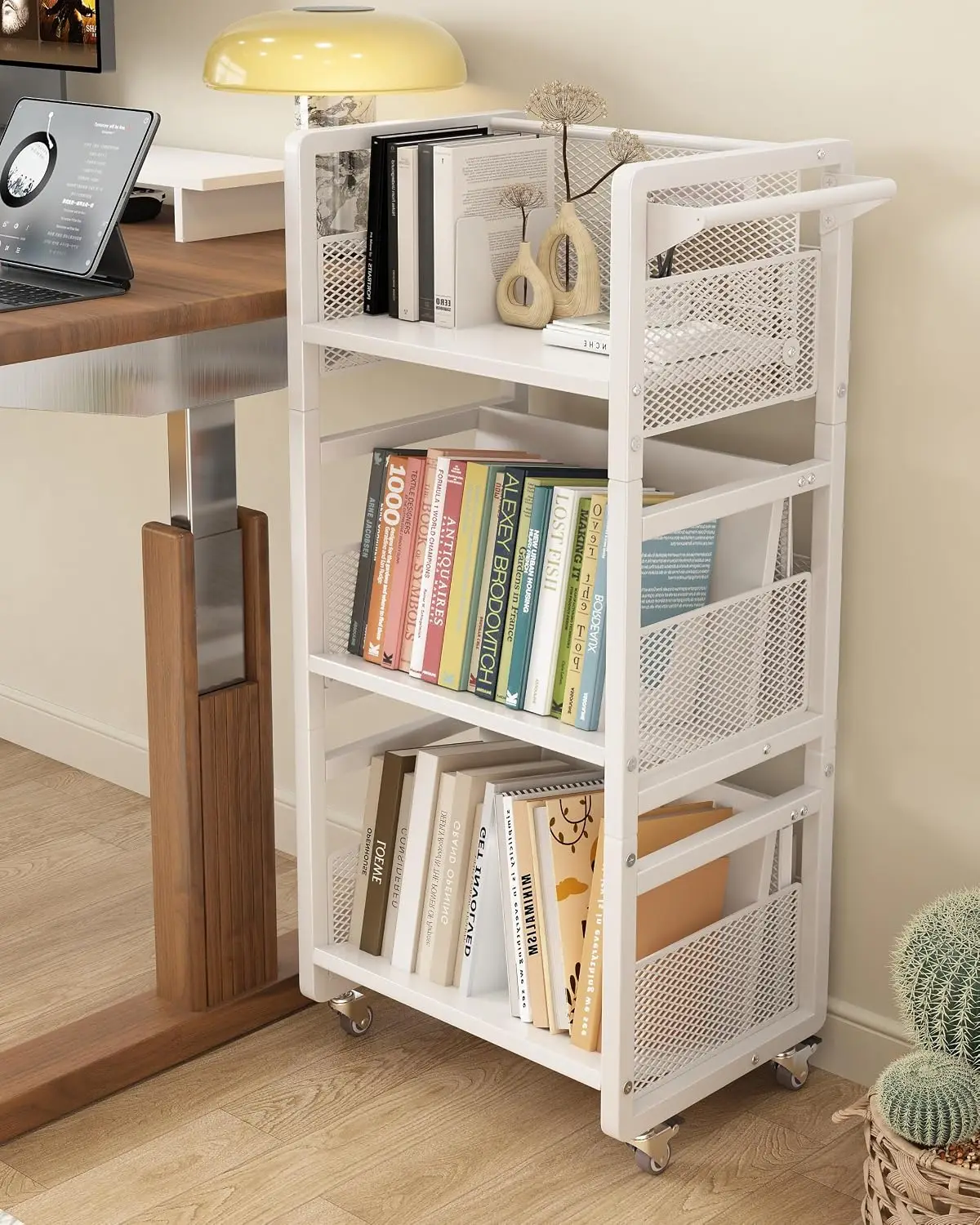 Three Tier Dual Sided Rolling Book Cart with Silent Swivel Wheels, Mobile Metal Library Trolley with Magnetic Bookends and Ergonomic Handle for Office Home Study, White