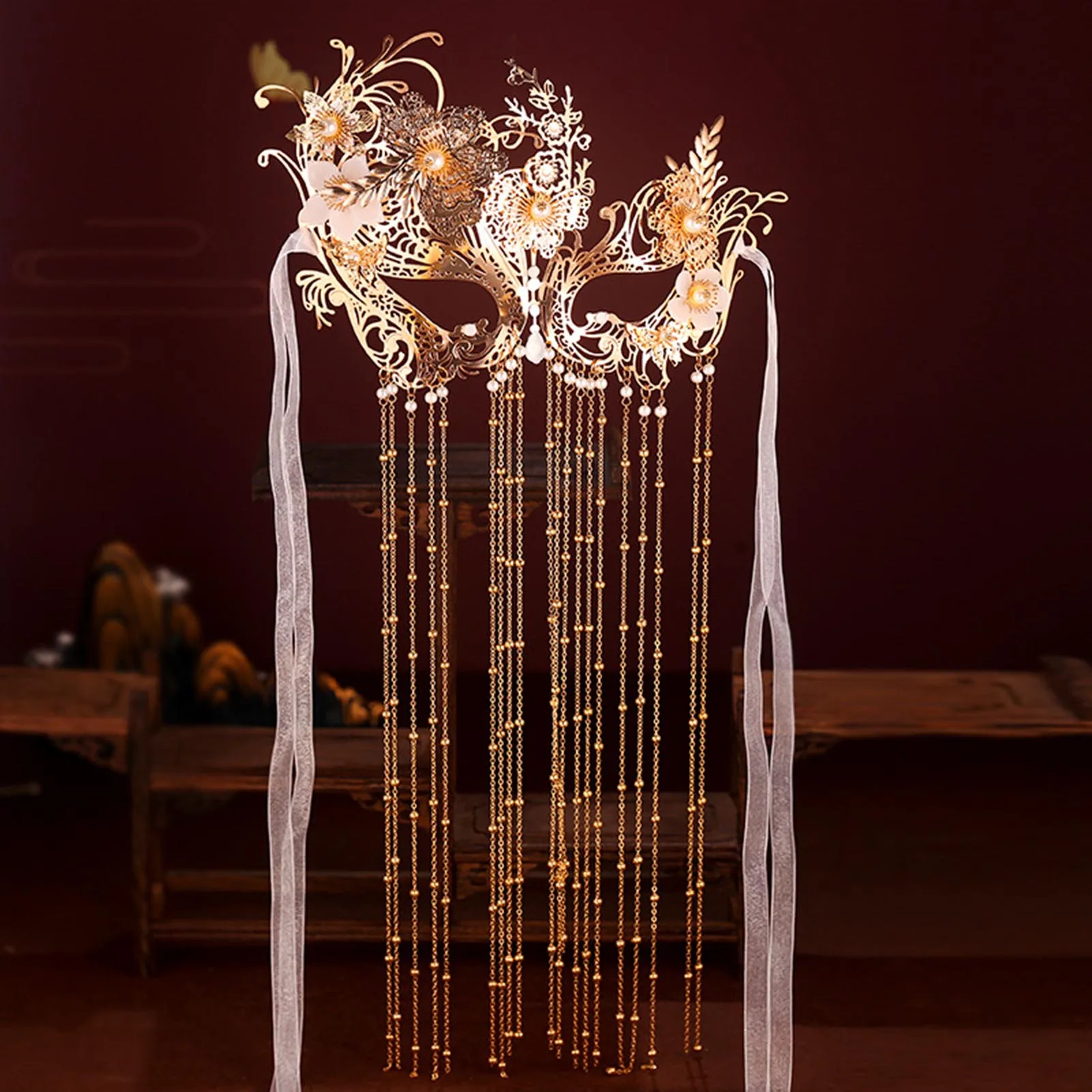 Long Tassel Face Veil with Mask Sparkling Crystal Hollow Headwear Hair Ornaments for Stage Performance School Ball
