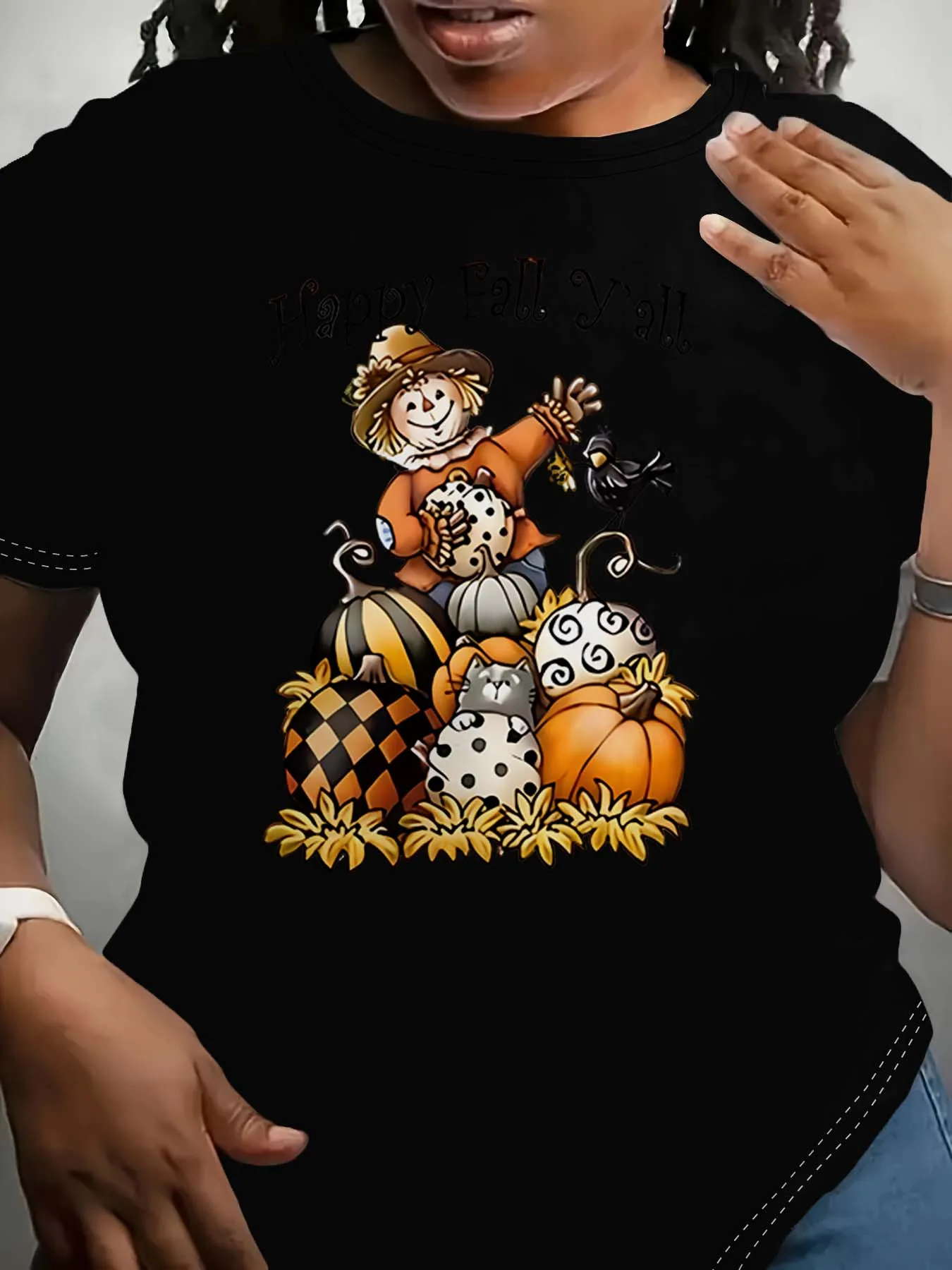 Pakaian Modis Bertema Happy Fall Yall Orang-orangan Sawah Labu Dan Hewan Peliharaan