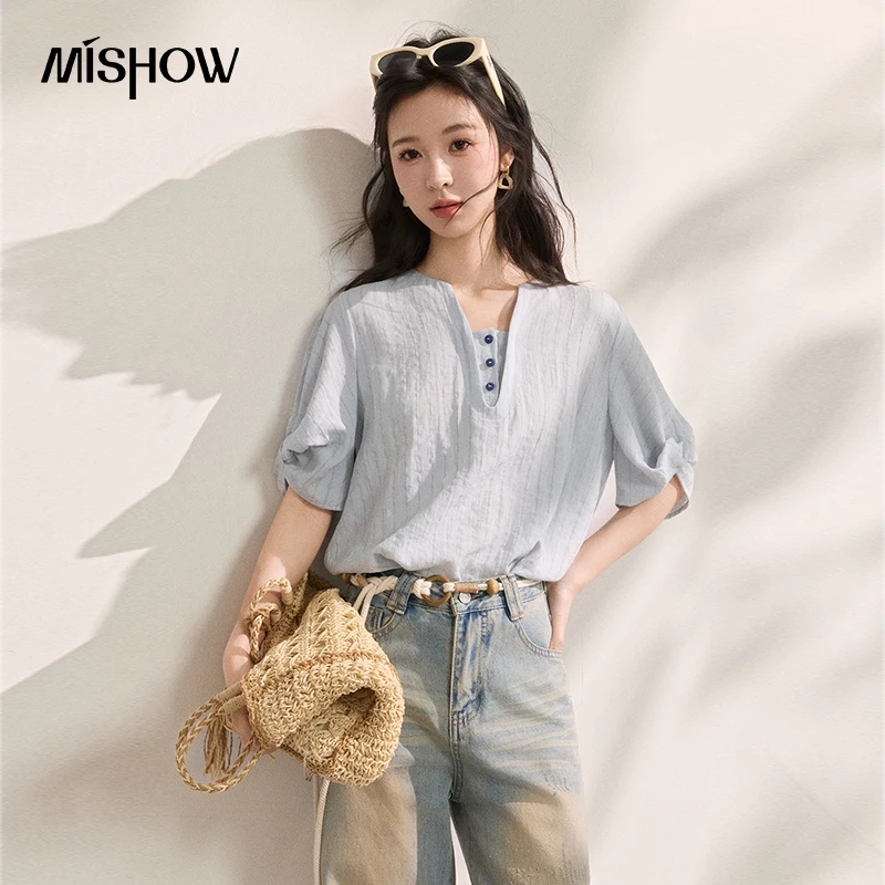 

MISHOW Women French Vertical Stripe Blouse Summer Seven Quarter Sleeve Loose Blouse Minimalist Solid Top Office Lady MXF16X2562