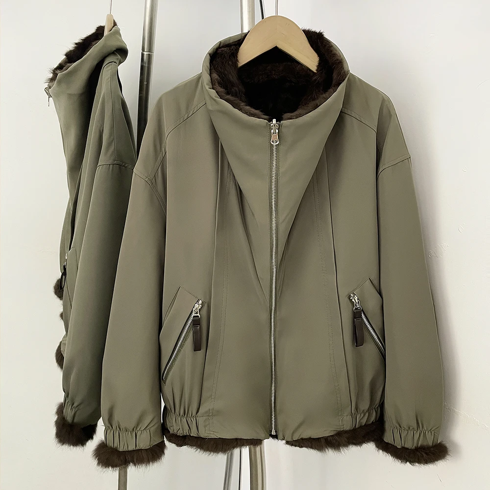 

OFTBUY Women's Fur Coat Parka with Fur for Women Double-Sided Reversible Fur Coat Winter Warm Real Rabbit Fur Jacket Women's