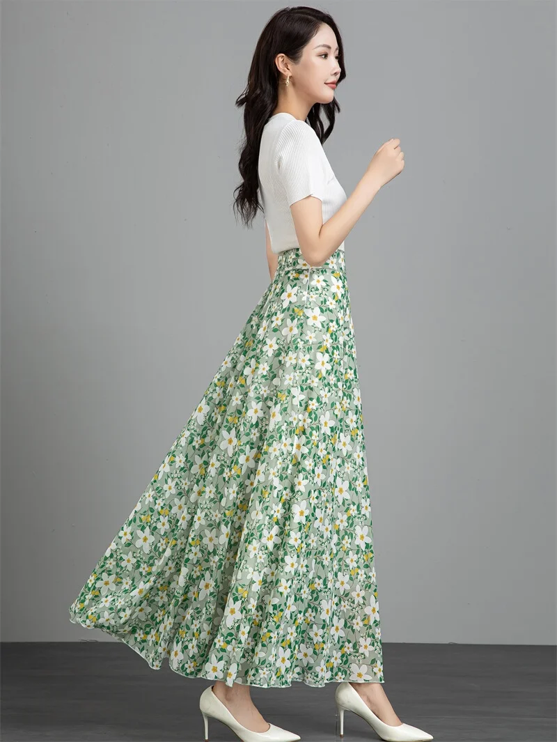 Casual hoge taille A-lijn rok Bloemenprint Chiffon Dames Zomer Strand Vakantie Dansrok Polyestervezel Niet-stretch rok