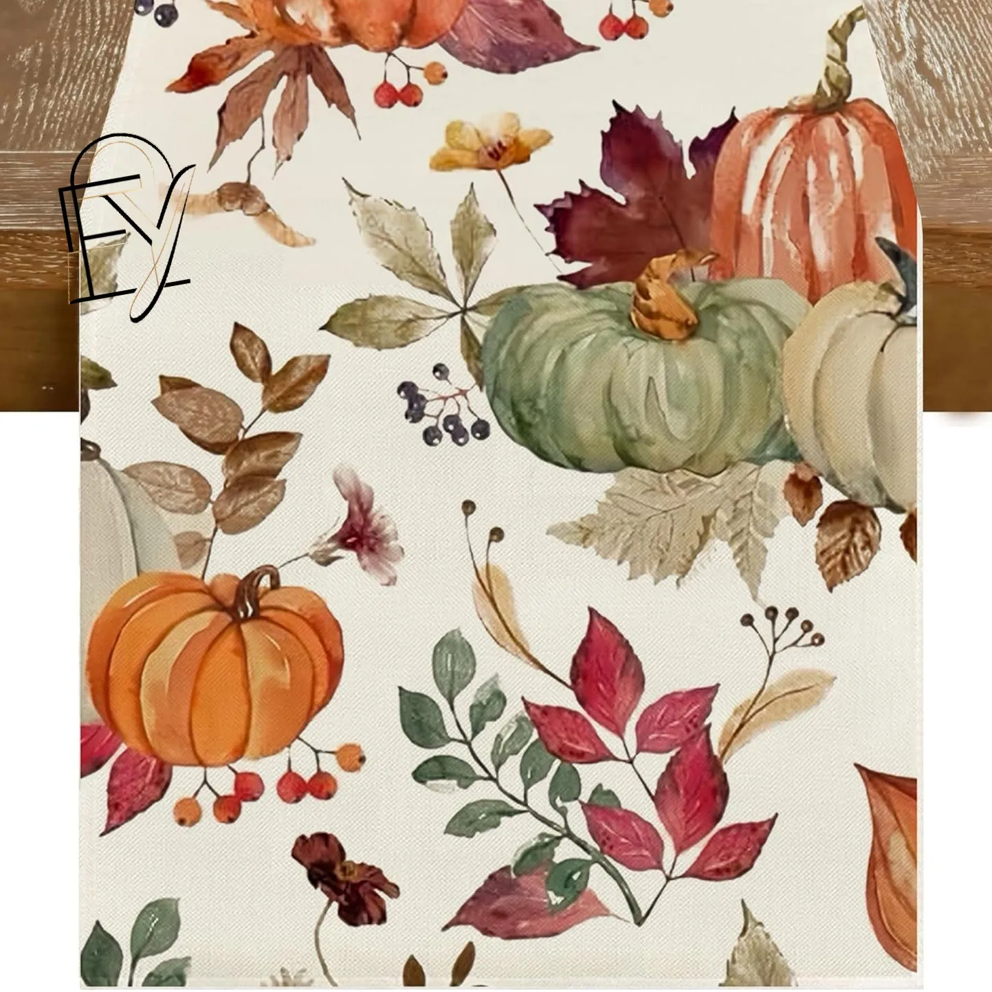 Linen Table Runner Turkey Driving Truck with Pumpkin Pie on Gray Gingham Thanksgiving Gathering Table