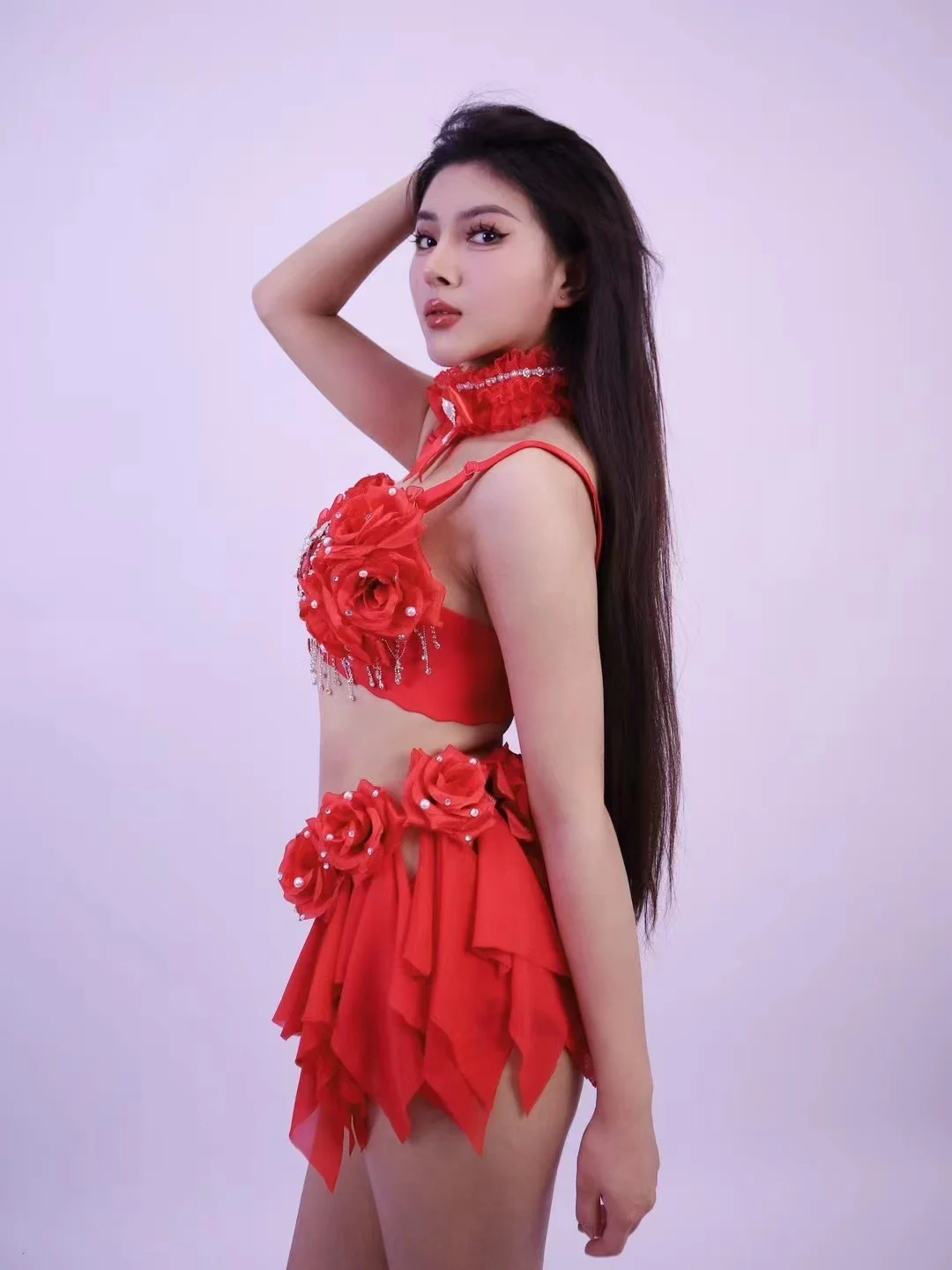 New Year Christmas Costume Red Bow Sexy Mesh Rose Flower Fringe Pearl Diamond Bikini Dress Singer Dnace Stage Nightclub Outfit