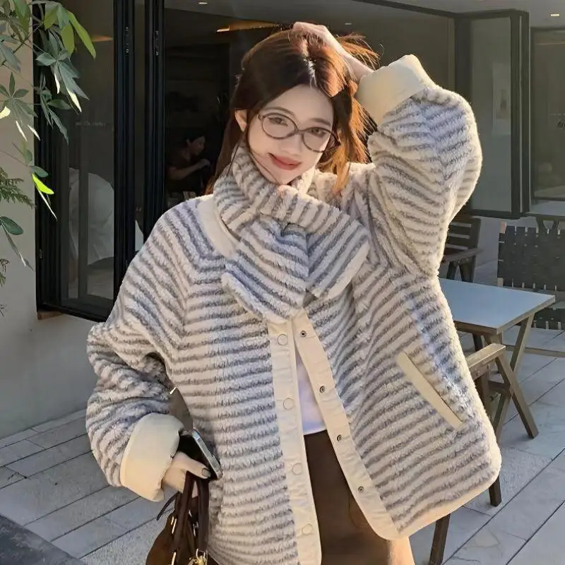 امرأة جولة الرقبة القطن وسادة مبطنة الفتيات أزياء طويلة الأكمام مخطط المخملية وجهين يمكن ارتداؤها معطف الشتاء الملابس هدية جديد #5