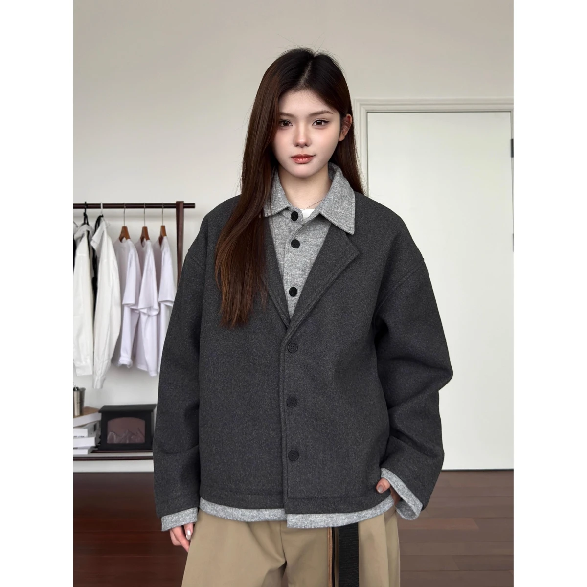 

American Sle Men's Woolen Jaet Autumn Winter Heavy Weight Splicing Color Blo Casual Outerwear Warm Flannel Coat