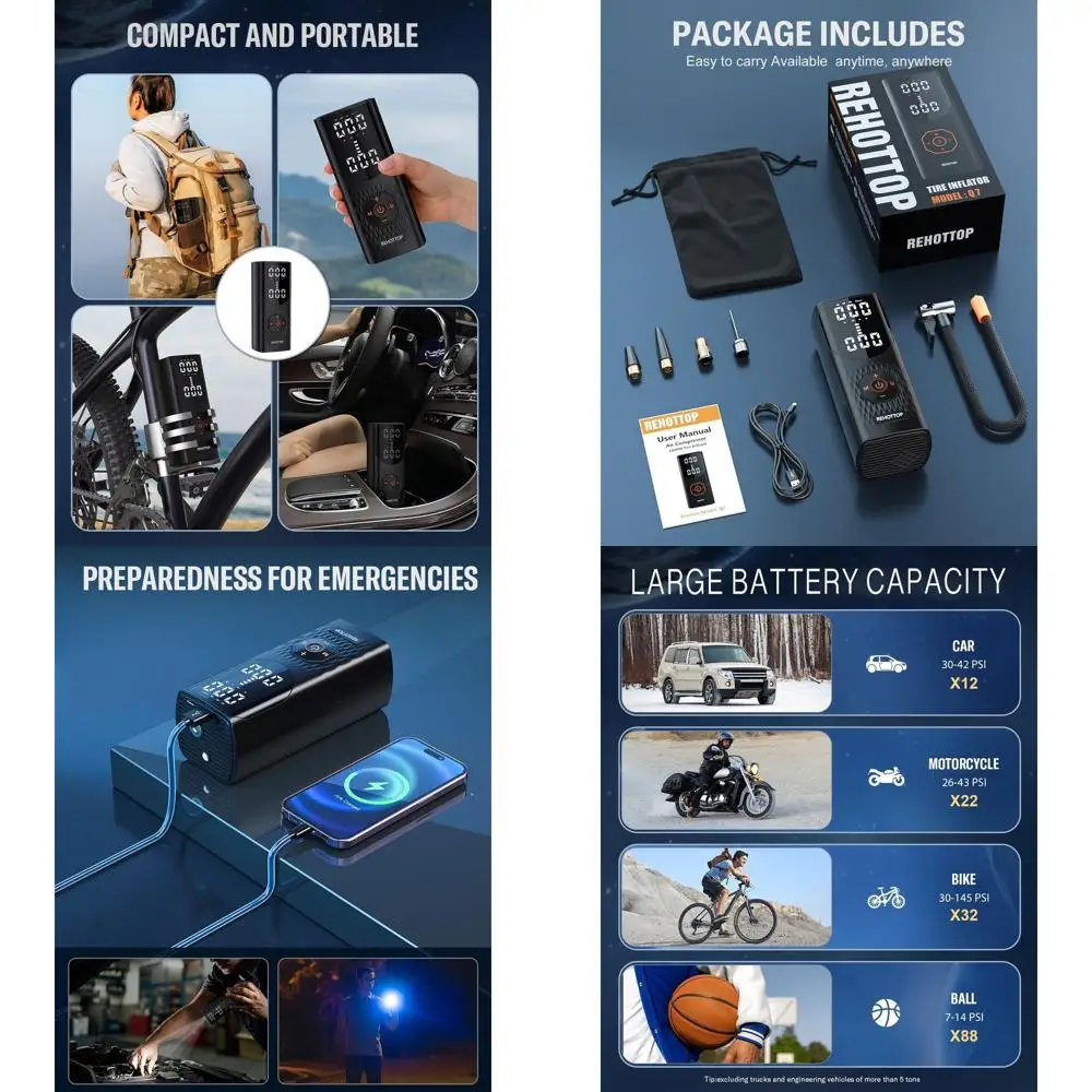 

Портативный насос для накачивания автомобильных шин 160PSI с 4-сторонней быстрой накачкой и светодиодной подсветкой