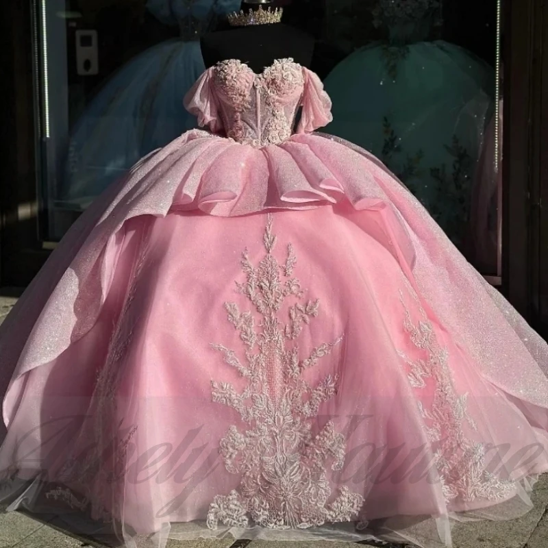 

Customized Gorgeous Pink Sweet 16 Dress Women Off Shoulder Beads Applique Ball Gown Birthday Party Vestido De xv Quinceanera 15