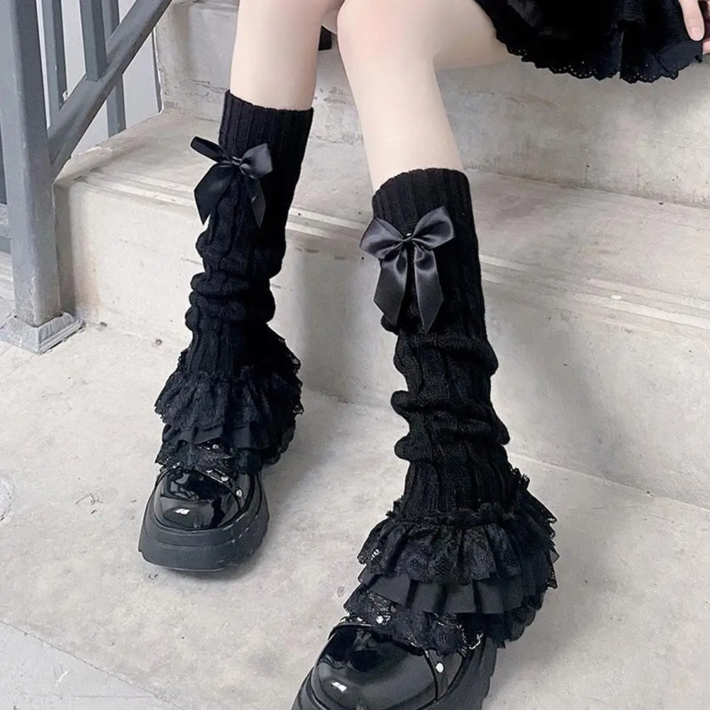 Japanese Women Knitted Leg Warmer Bow Tiered Ruffled Women\'s Jk T-shaped Lolita Leg Girl Socks Socks Horn Warmers Calf Lace P0z7